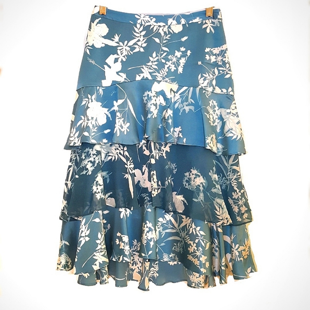 Banana Republic 100% Silk Blue/Green Floral Tiered Ruffle Skirt, Size 0